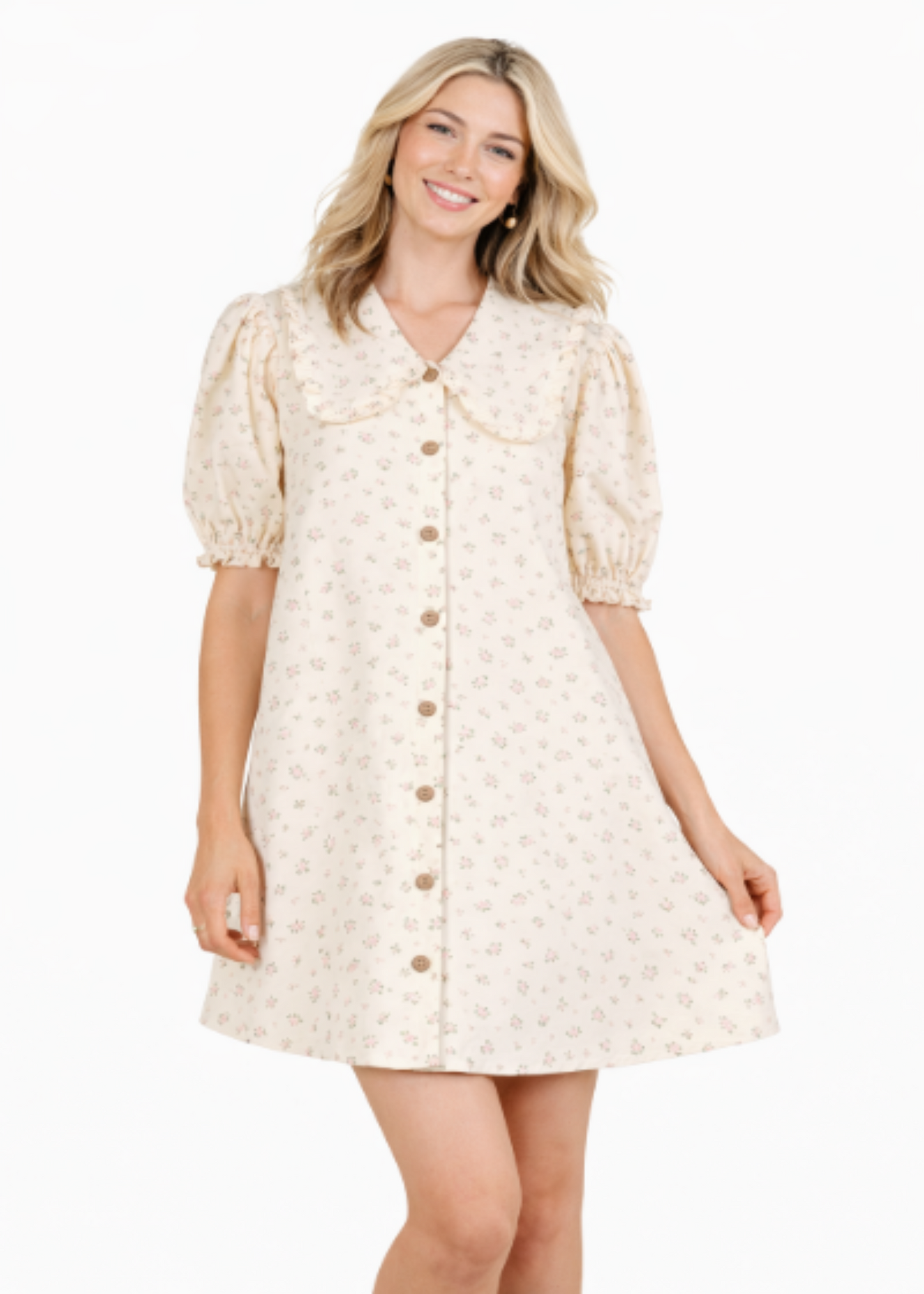 Floral Princess Sleeve Shirt Dress-White