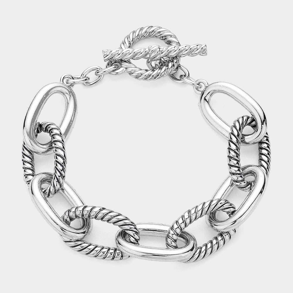 Two Tone Textured Metal Cable Link Toggle Bracelet