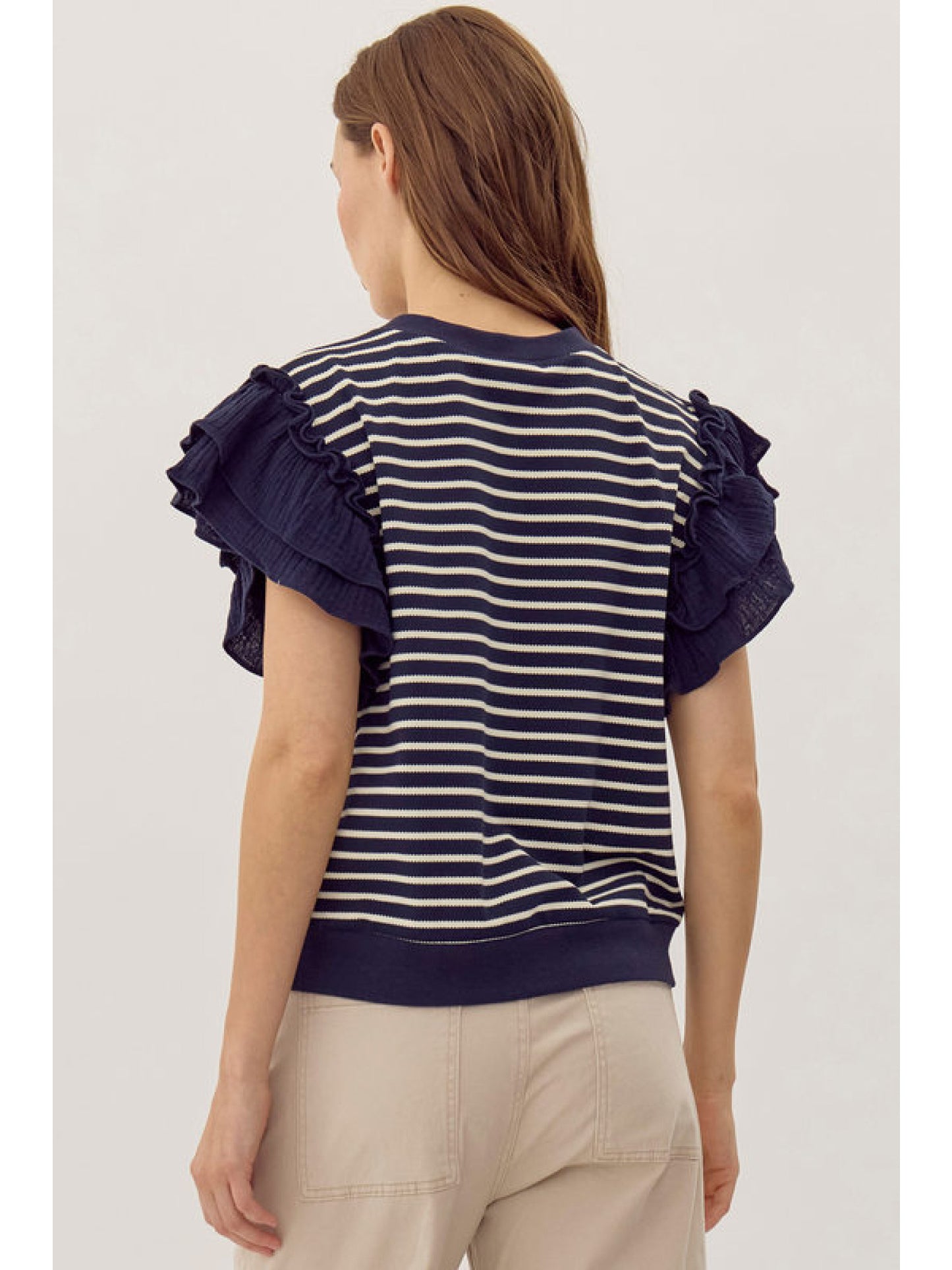 ZIA STRIPED RUFFLE TOP- NAVY