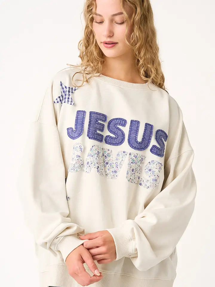 JESUS SAVES SWEATSHIRT - PURPLE PATCHWORK