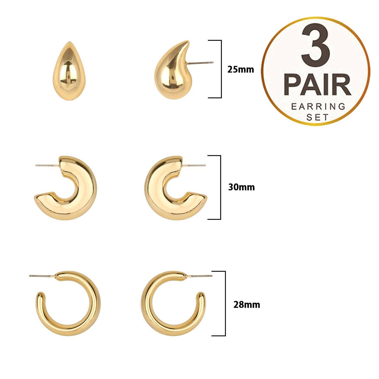Set of 3 Gold Hoop Earrings