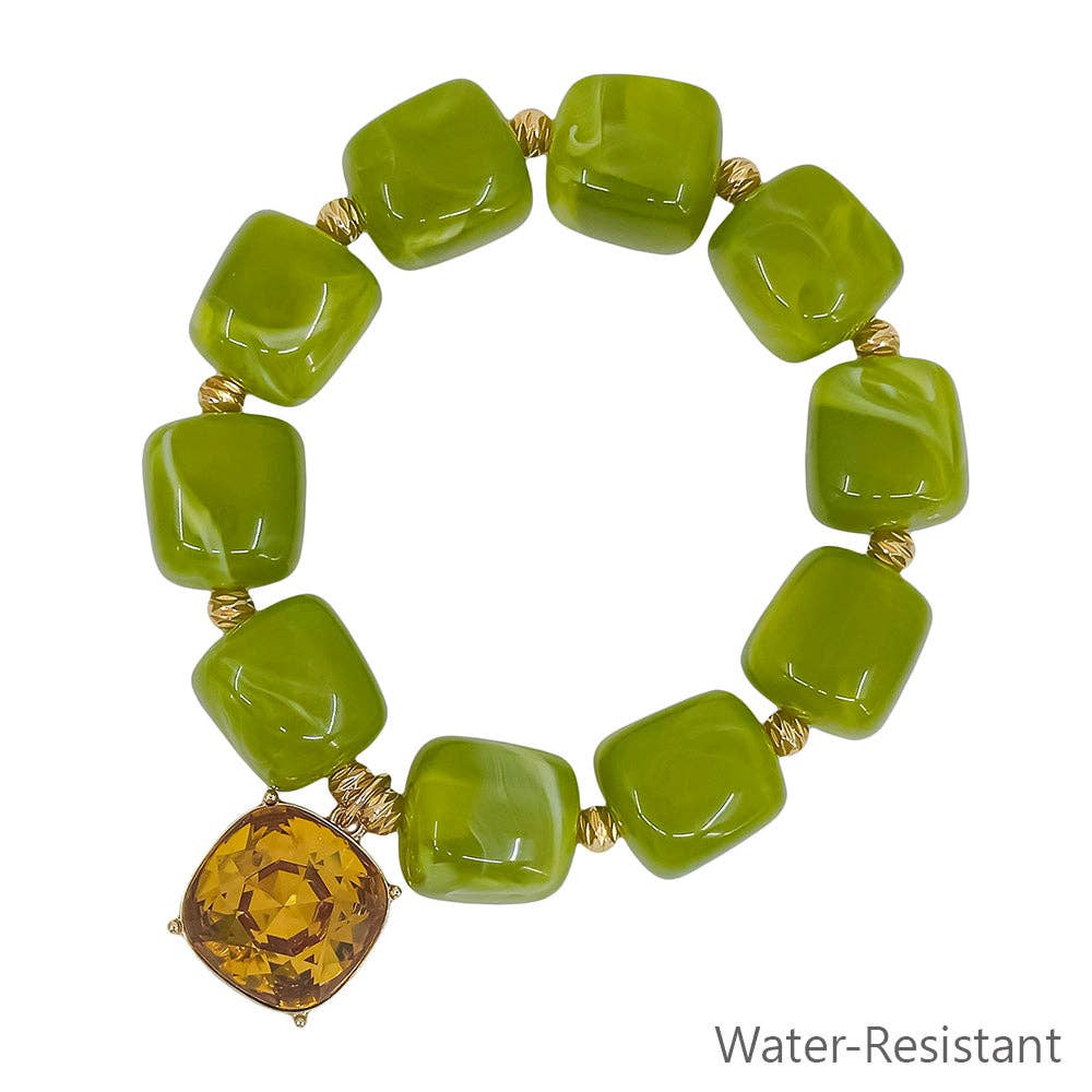 Water Resistant 16MM Olive Crystal Square Resin and 18MM Stone Bracelet