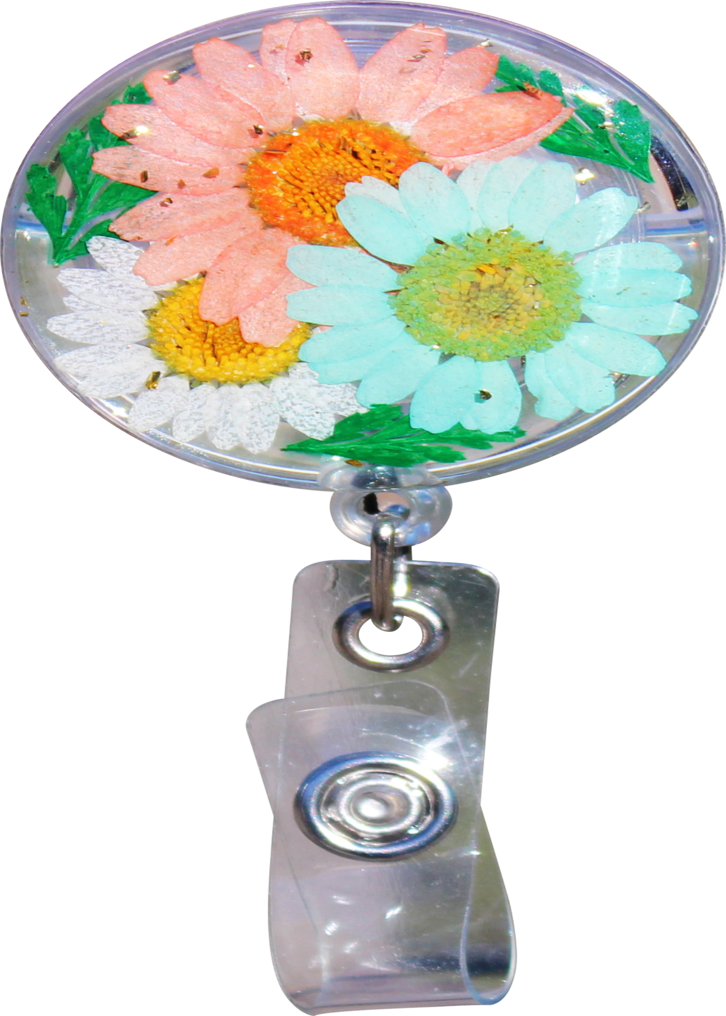 Glitterific Badge Reel Coral and Blue Flowers