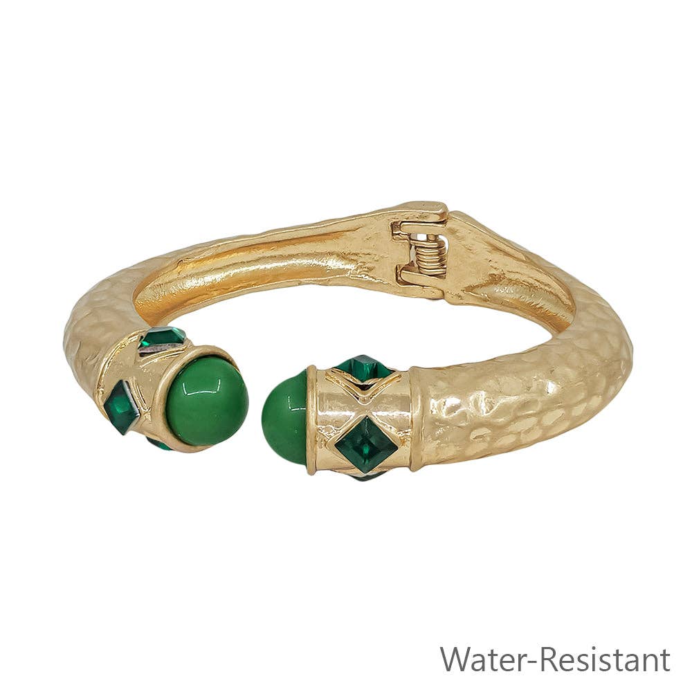 Water Resistant Matte Gold with Green Crystal Accents Hinged Bracelet