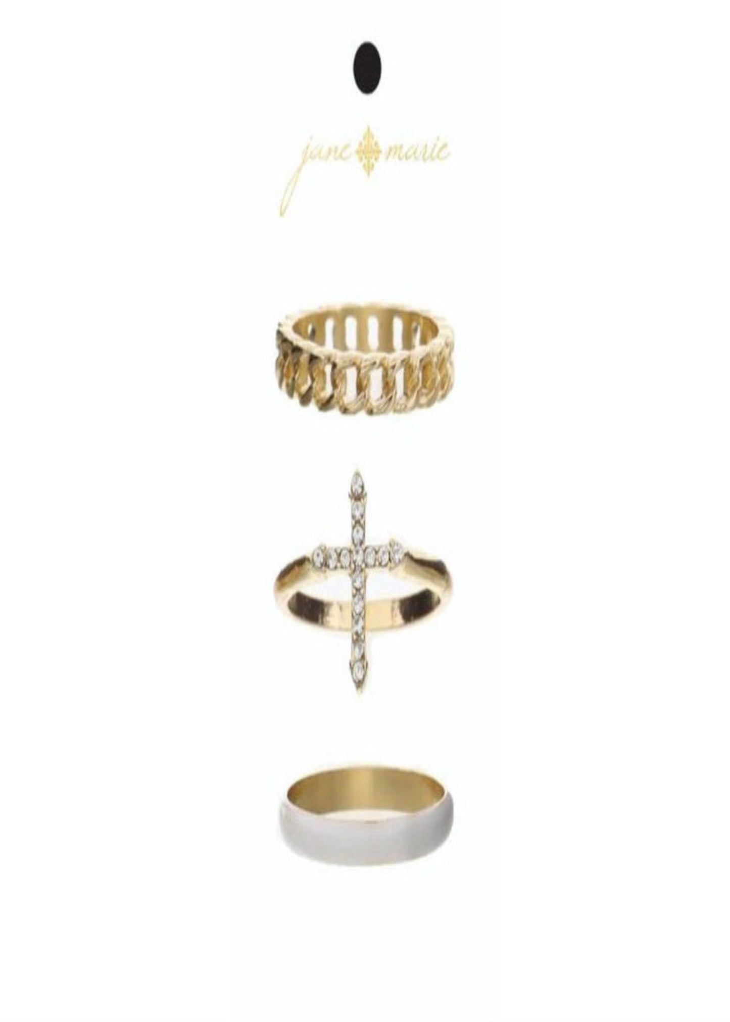 Gold Chain Band, Crystal Cross Gold Band, White Enamel Band Ring set