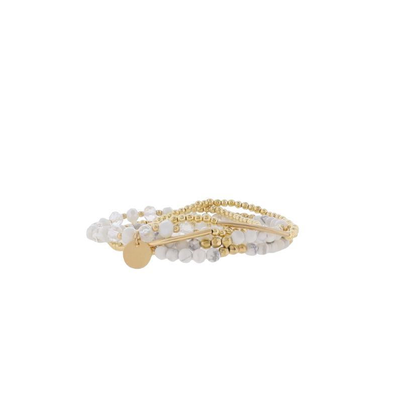 Set of 5 Clear, Howlite, Gold Beaded with Gold Bar & Disk Stretch Bracelet