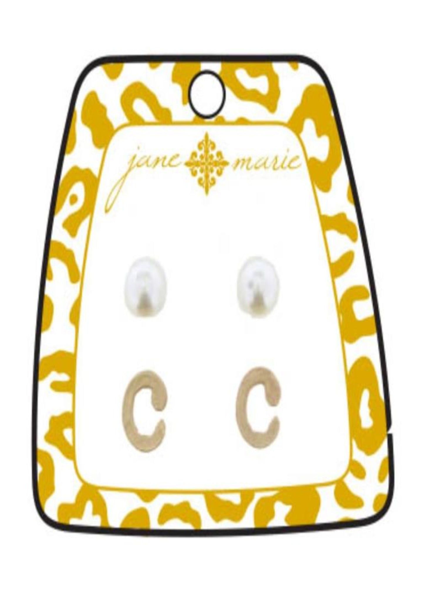 Gold Block Initial with Pearl Stud Earring