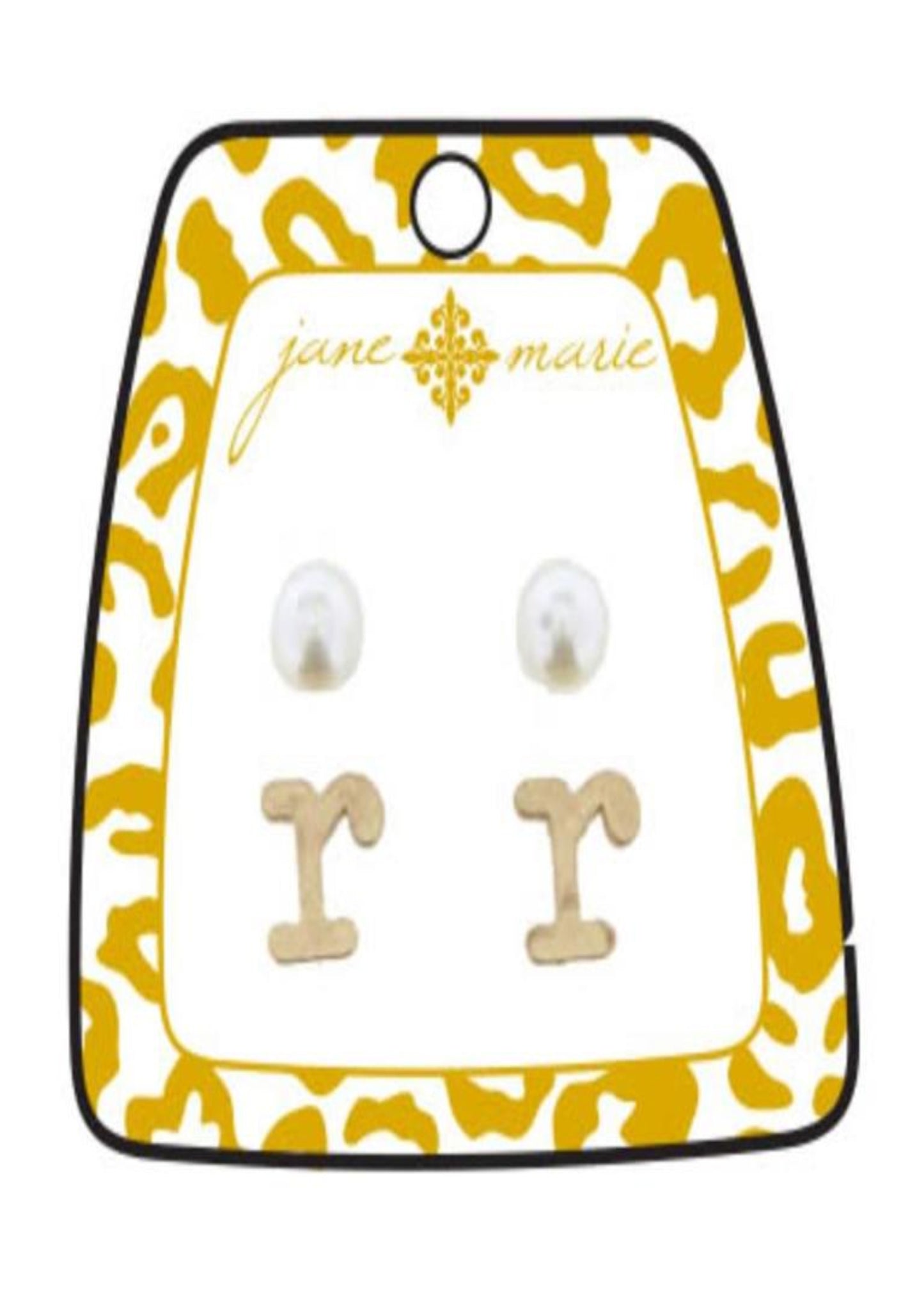Gold Block Initial with Pearl Stud Earring