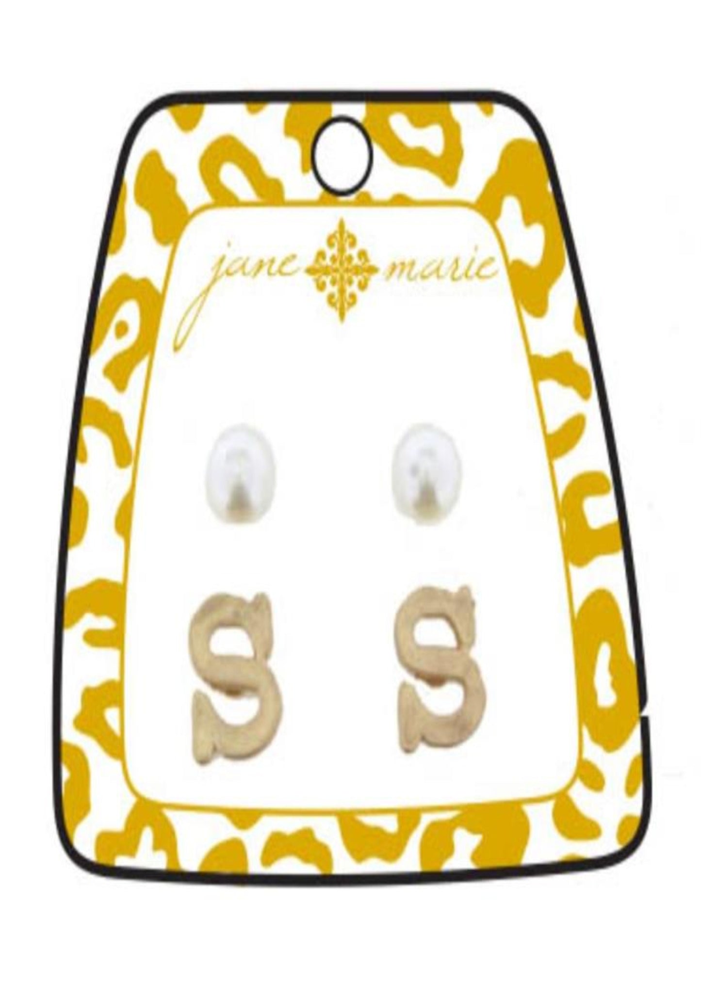 Gold Block Initial with Pearl Stud Earring