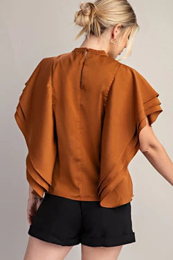 MOCK NECK RUFFLE SLEEVE SATIN TOP- CAMEL