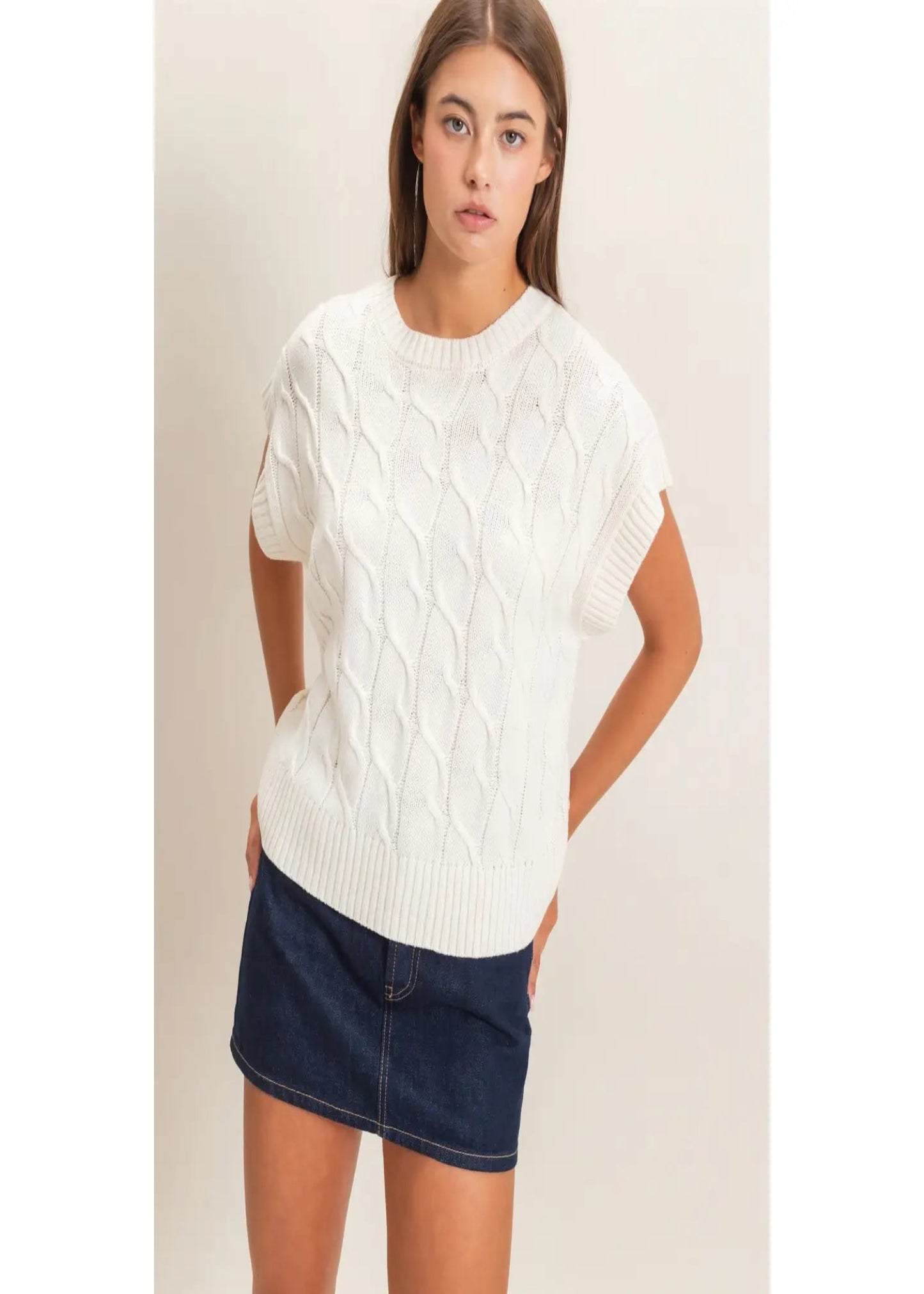 JULIE CABLE KNIT CAP SLEEVE SWEATER - CREAM