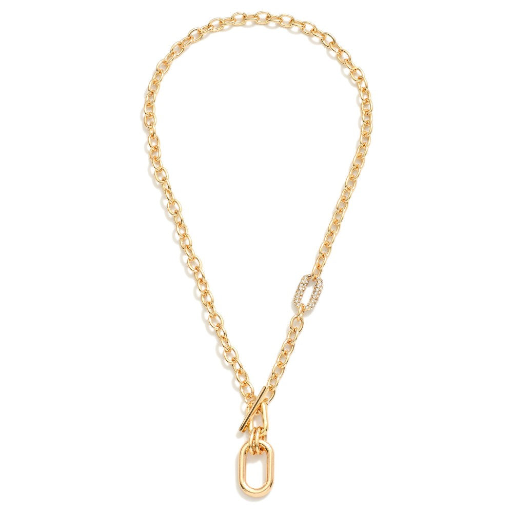 Chain Link Necklace Featuring Pave Rhinestone Link & Rectangular Toggle Clasp