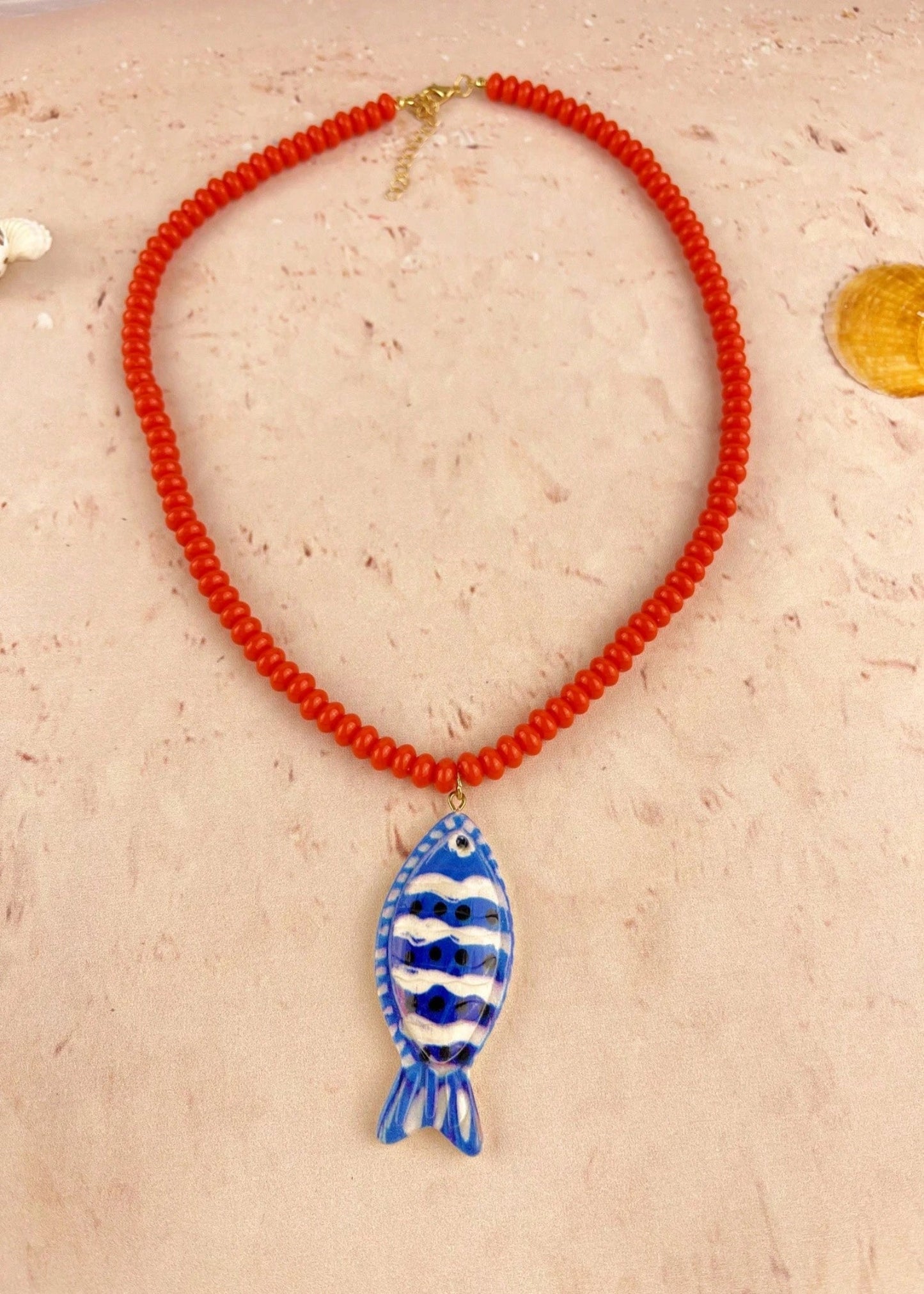 Handpainted Fish Pendant Beaded Necklace - RED