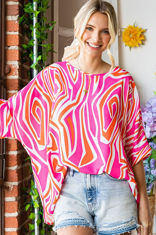 ABSTRACT DOLMAN SLEEVE TOP PINK MULTI