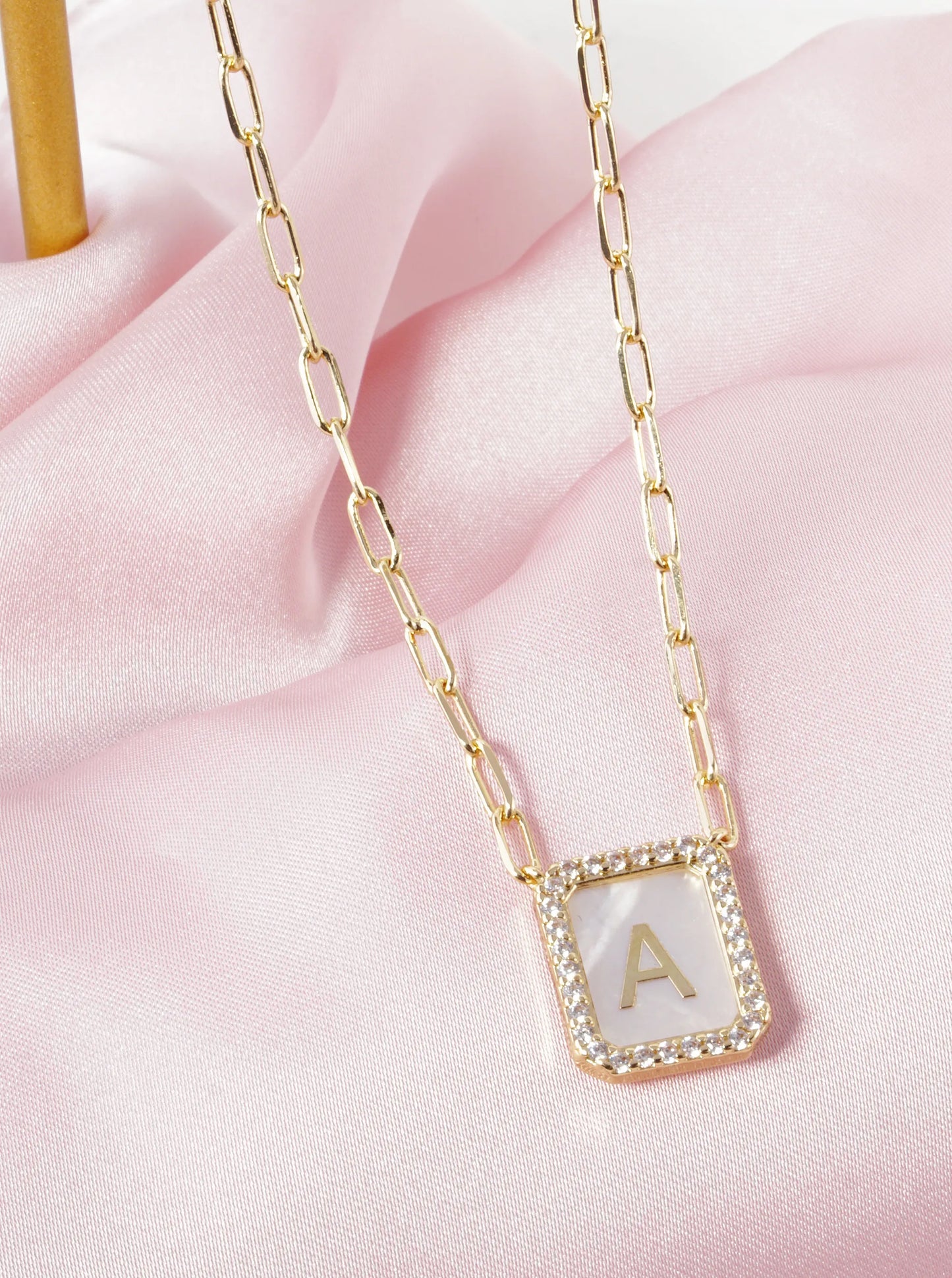 18K Gold Dipped Pave Set Cubic Zirconia Mother of Pearl Initial Pendant Necklace