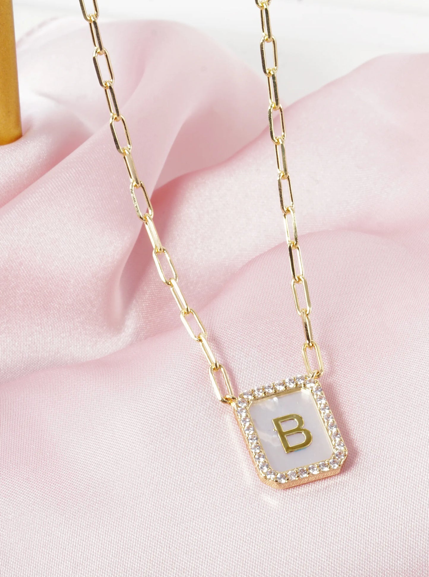 18K Gold Dipped Pave Set Cubic Zirconia Mother of Pearl Initial Pendant Necklace