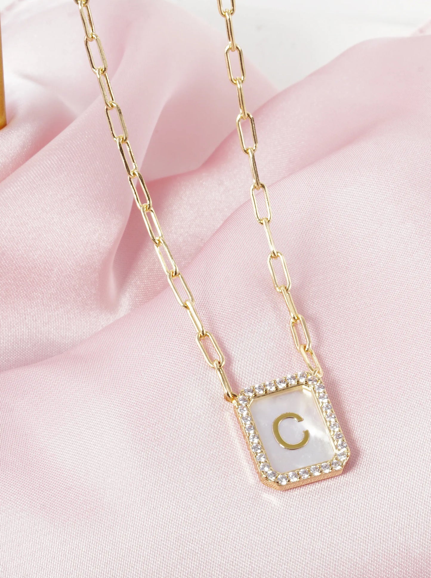 18K Gold Dipped Pave Set Cubic Zirconia Mother of Pearl Initial Pendant Necklace
