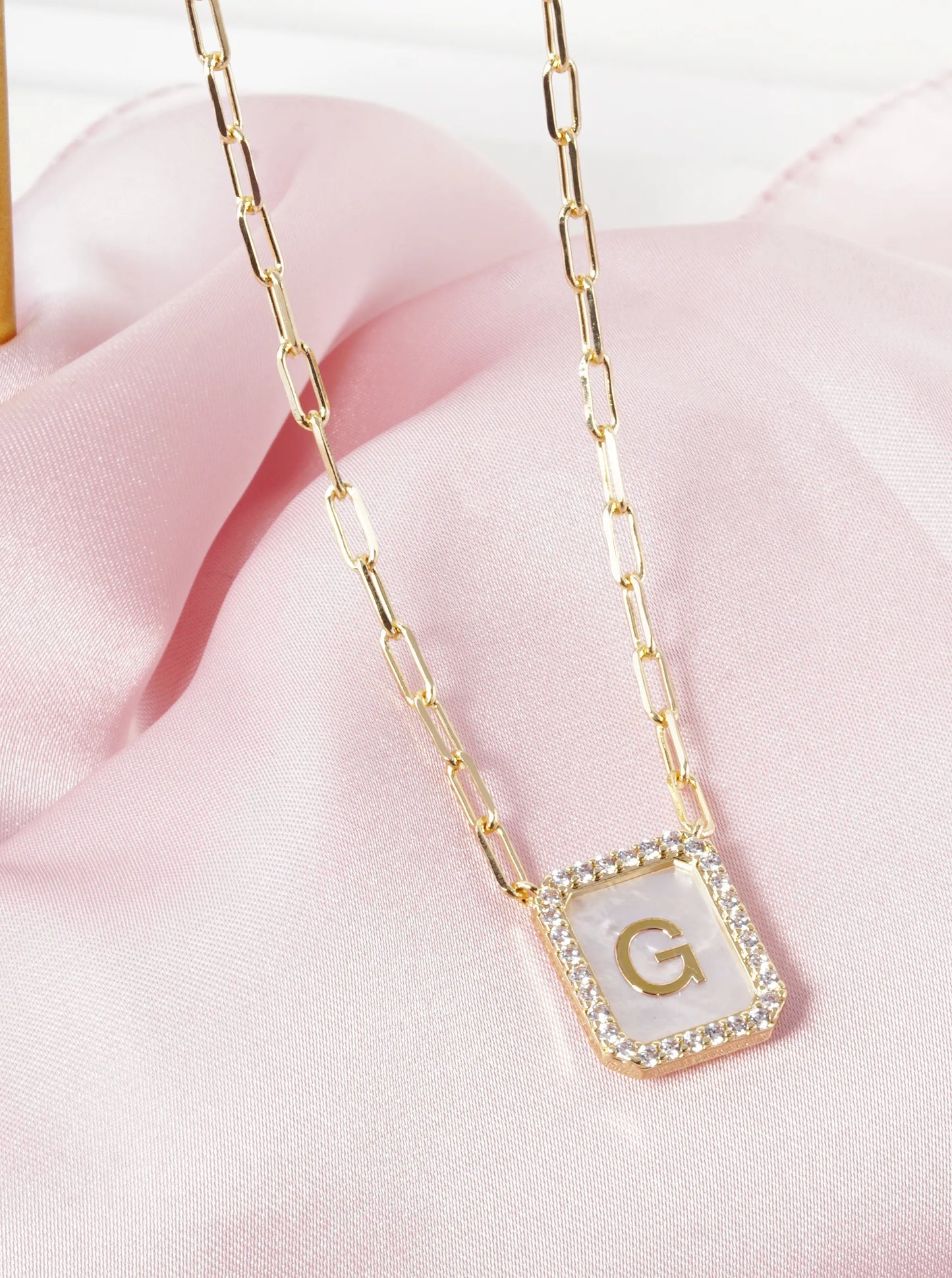 18K Gold Dipped Pave Set Cubic Zirconia Mother of Pearl Initial Pendant Necklace