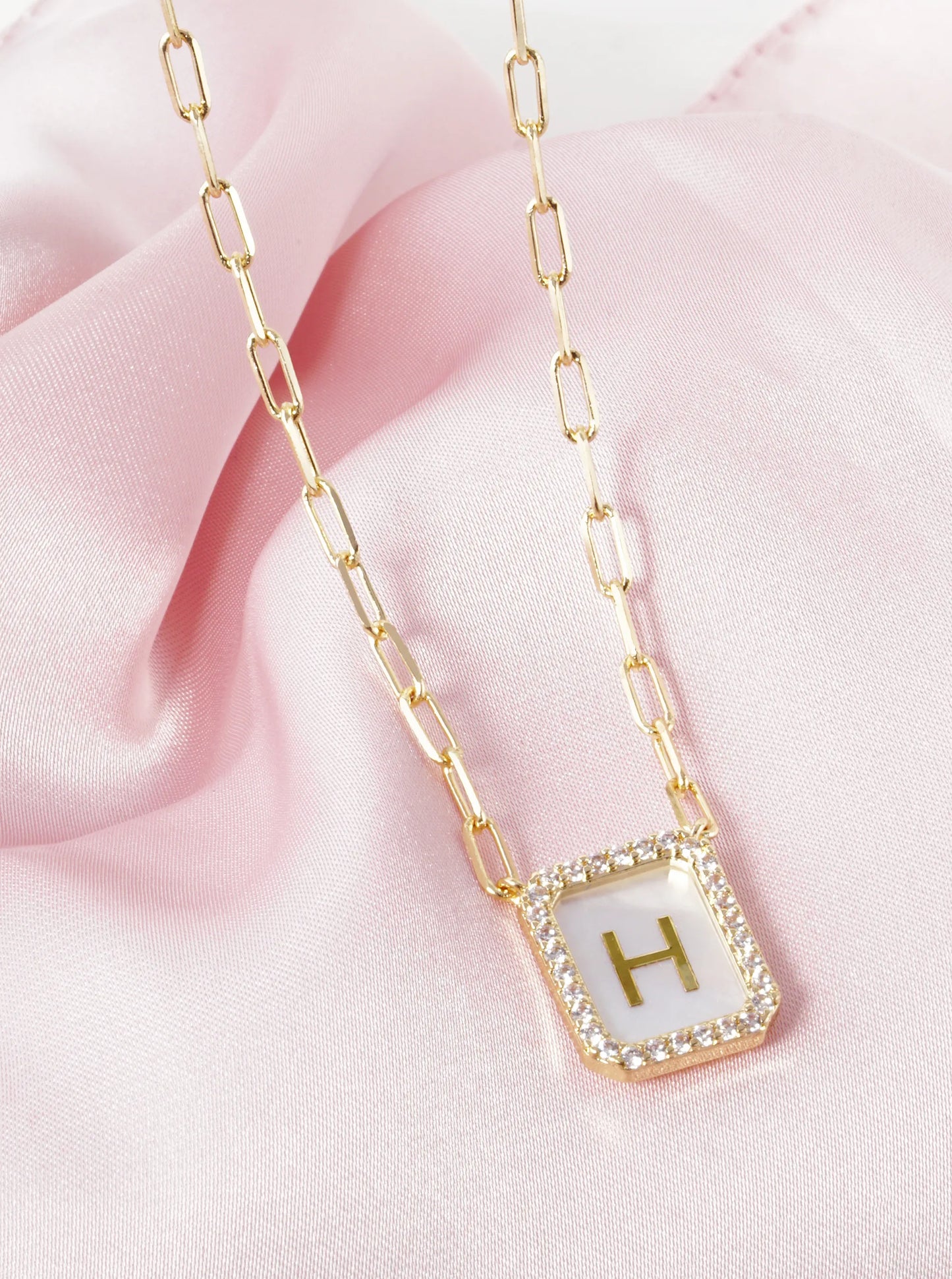 18K Gold Dipped Pave Set Cubic Zirconia Mother of Pearl Initial Pendant Necklace
