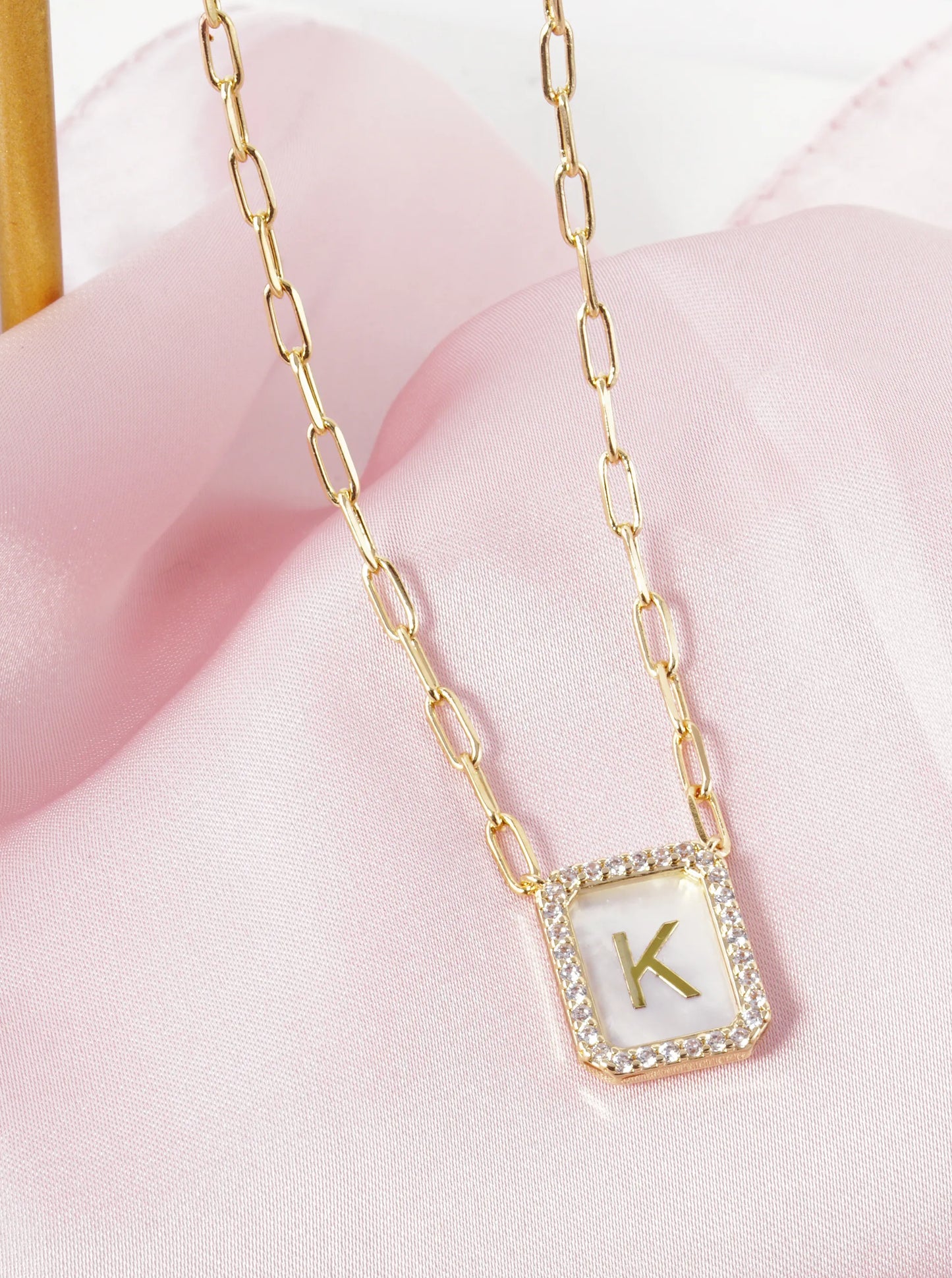 18K Gold Dipped Pave Set Cubic Zirconia Mother of Pearl Initial Pendant Necklace