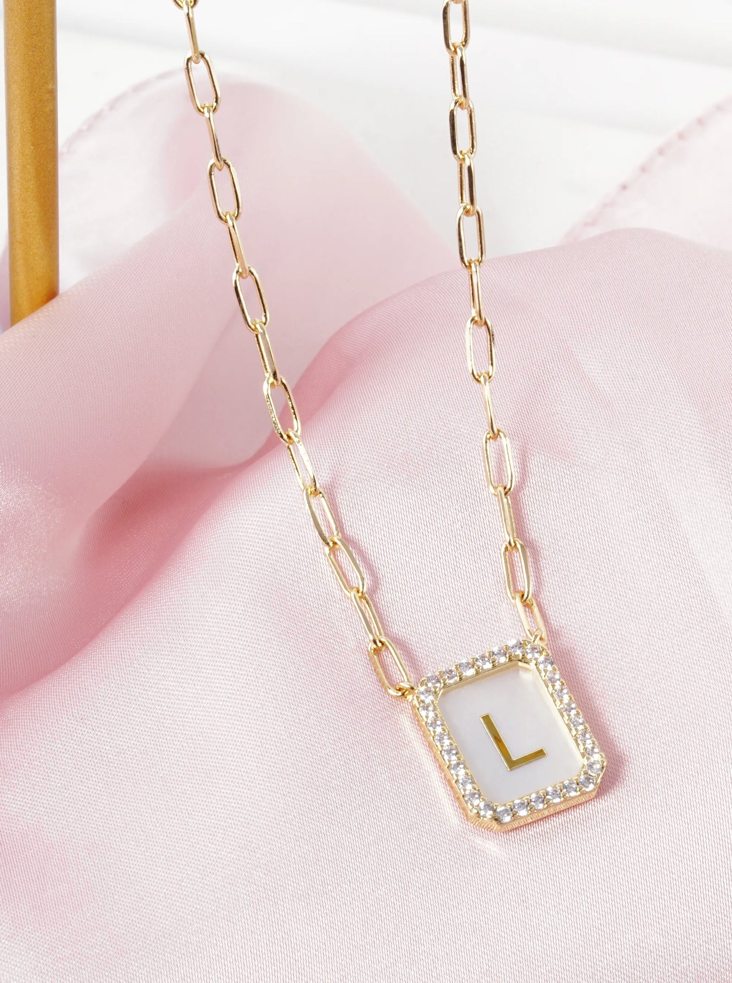 18K Gold Dipped Pave Set Cubic Zirconia Mother of Pearl Initial Pendant Necklace