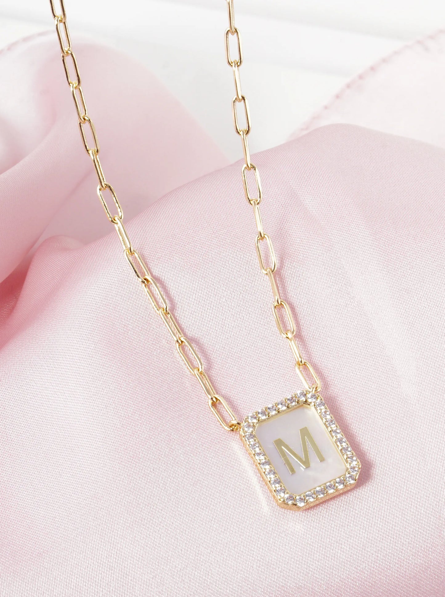 18K Gold Dipped Pave Set Cubic Zirconia Mother of Pearl Initial Pendant Necklace