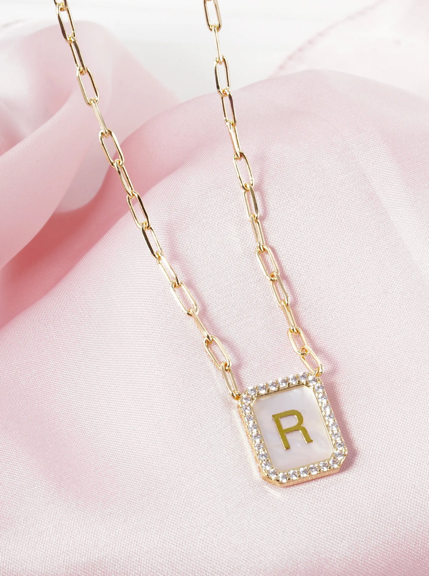 18K Gold Dipped Pave Set Cubic Zirconia Mother of Pearl Initial Pendant Necklace