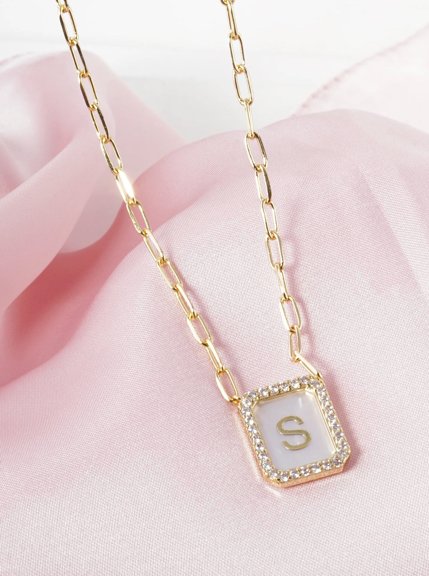 18K Gold Dipped Pave Set Cubic Zirconia Mother of Pearl Initial Pendant Necklace