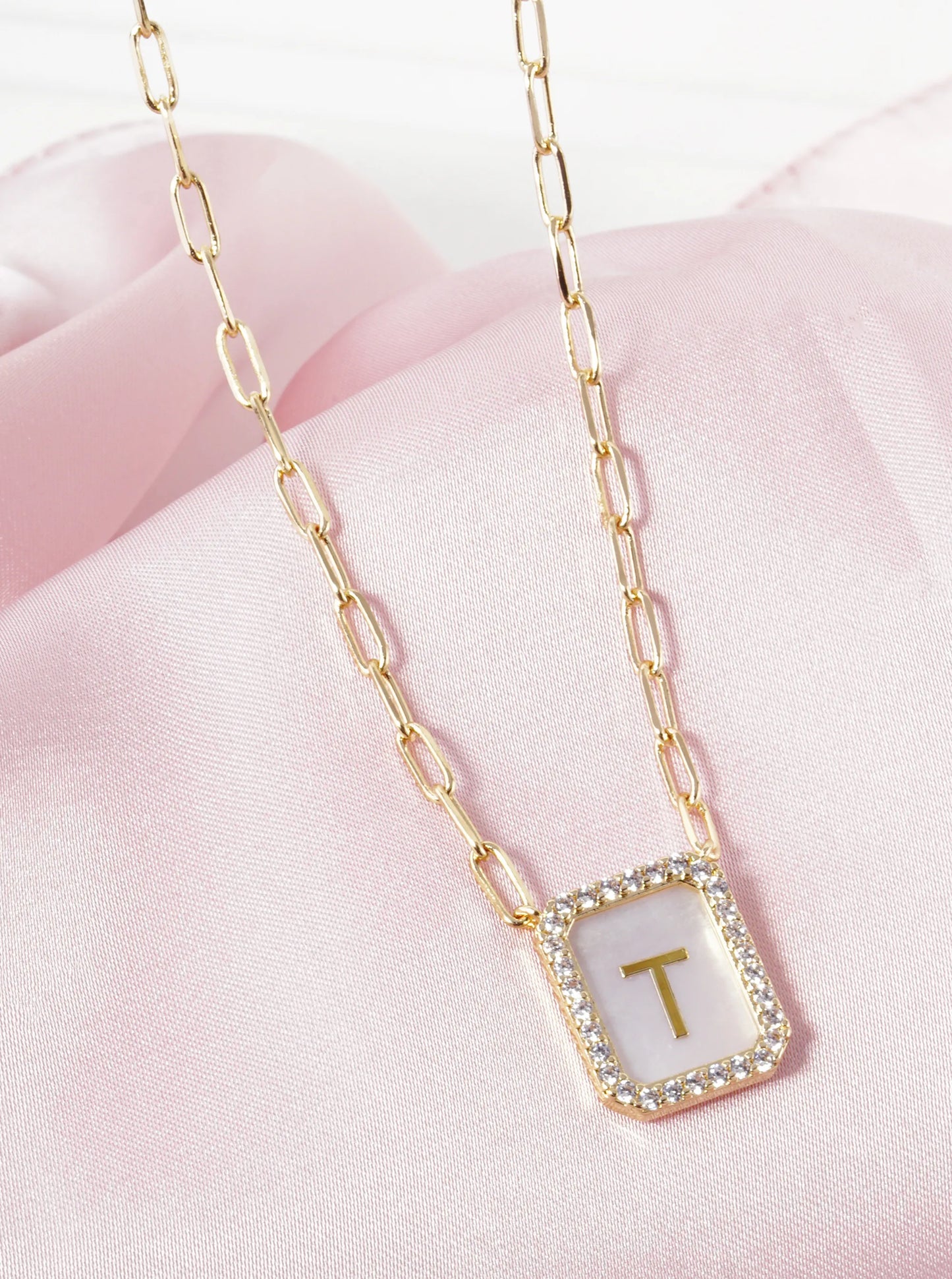 18K Gold Dipped Pave Set Cubic Zirconia Mother of Pearl Initial Pendant Necklace