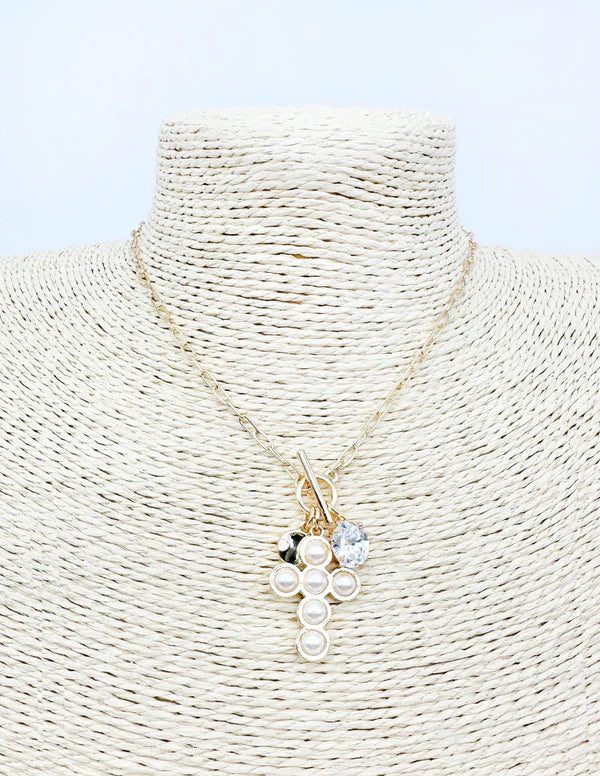 Pearl Beaded Cross and Crystal Charm 16"-18" Necklace