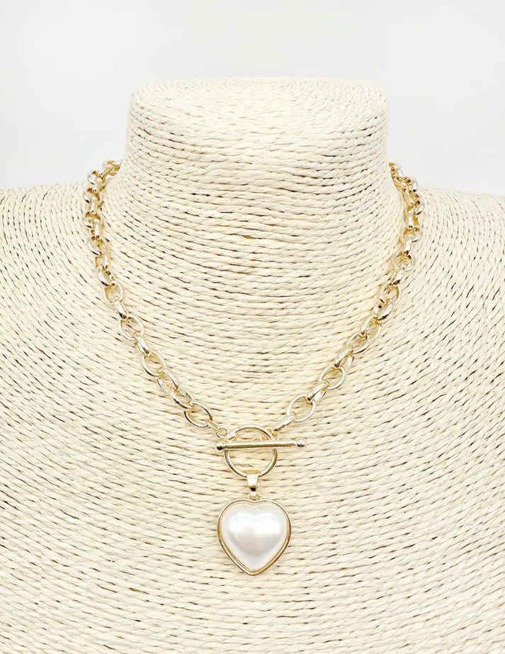 Gold Open Chain with Toggle and Pearl Heart 18" Necklace