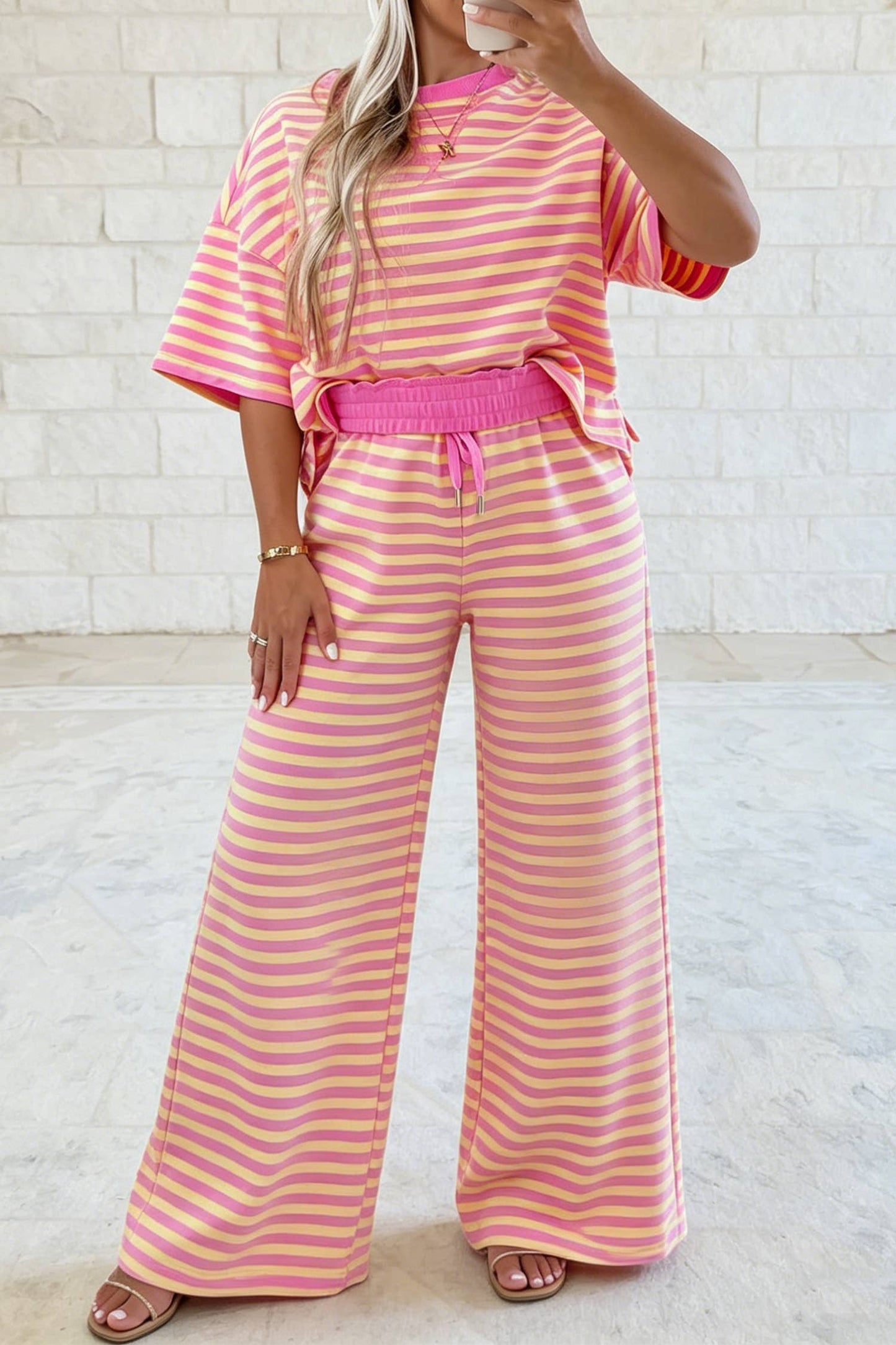 Stripe Drop Shoulder Boxy Casual Terry Short Set
