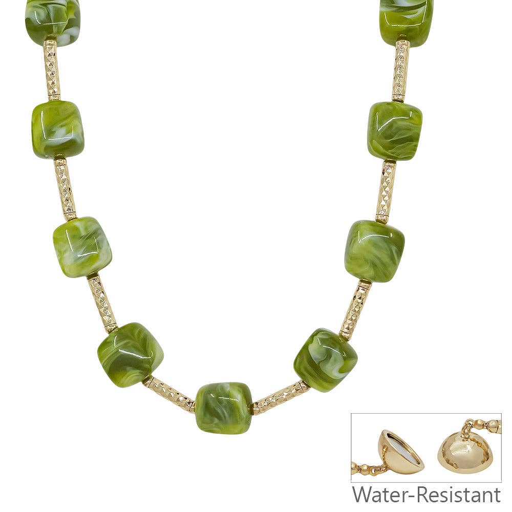 Water Resistant 16MM Olive Beaded and Gold Bar Necklace