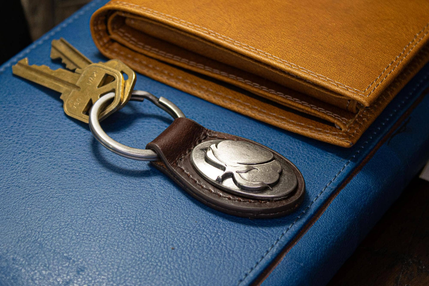 Cotton Boll Oval Leather Keychain