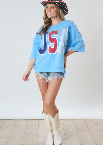 USA GRAPHIC TOP-VINTAGE BLUE