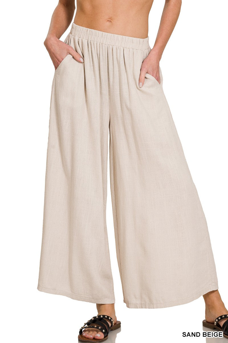 EMMA LINEN WIDE LEG PANTS: SAND BEIGE