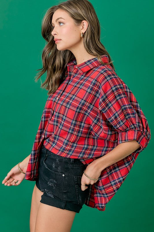 PLAID OVERSIZED BUTTON DOWN SHIRT- RED