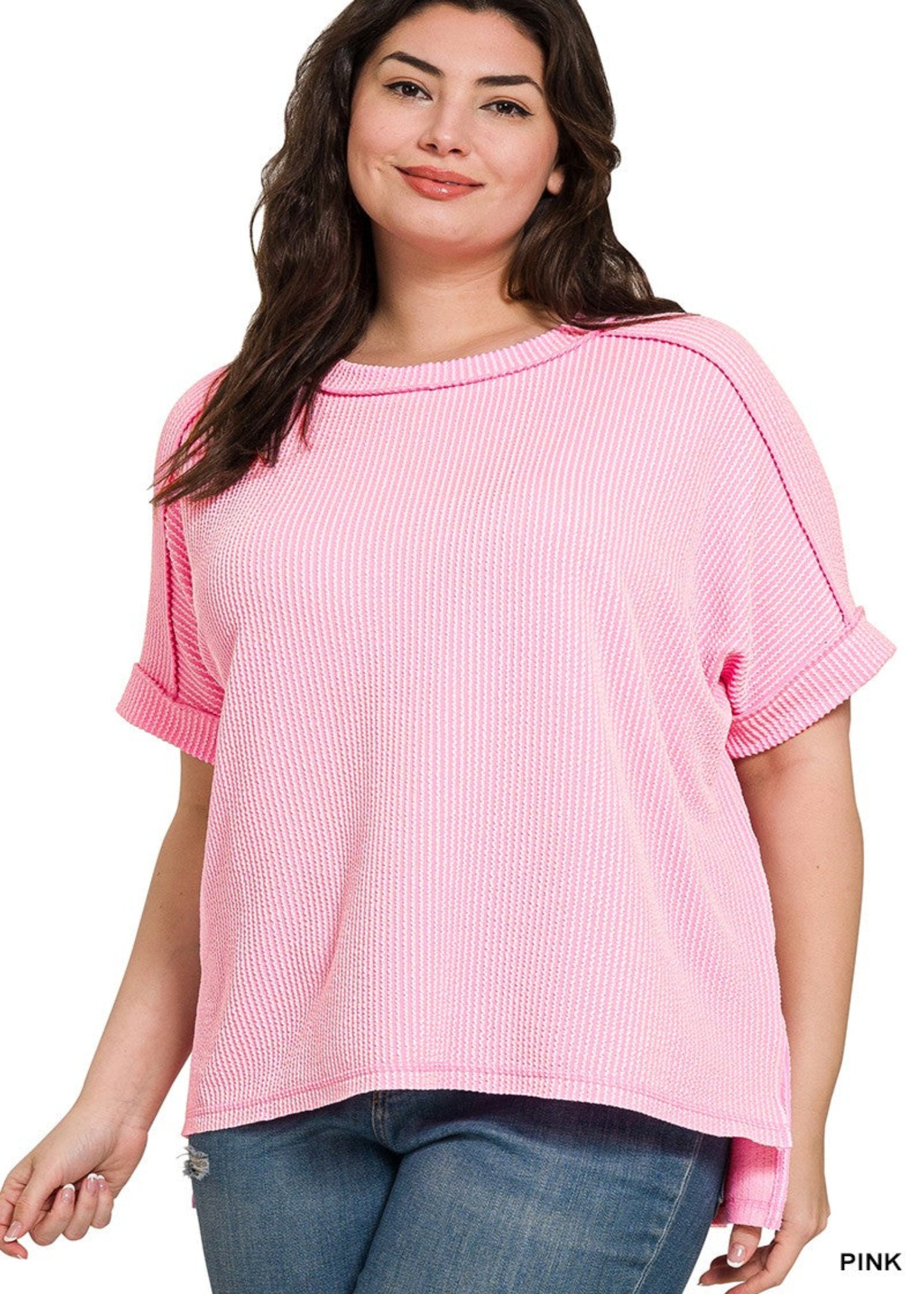 Raised Rib Cuff Sleeve Raw Edge Top-Pink