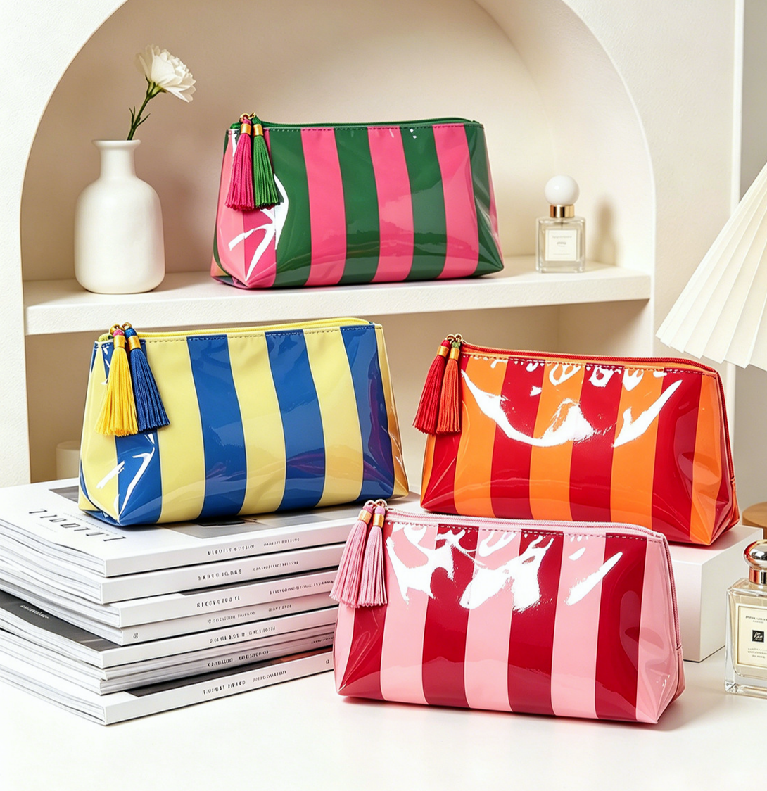 Color‑Block Stripe Makeup Bag Tassel Waterproof Cosmetic Bag - GREEN AND PINK