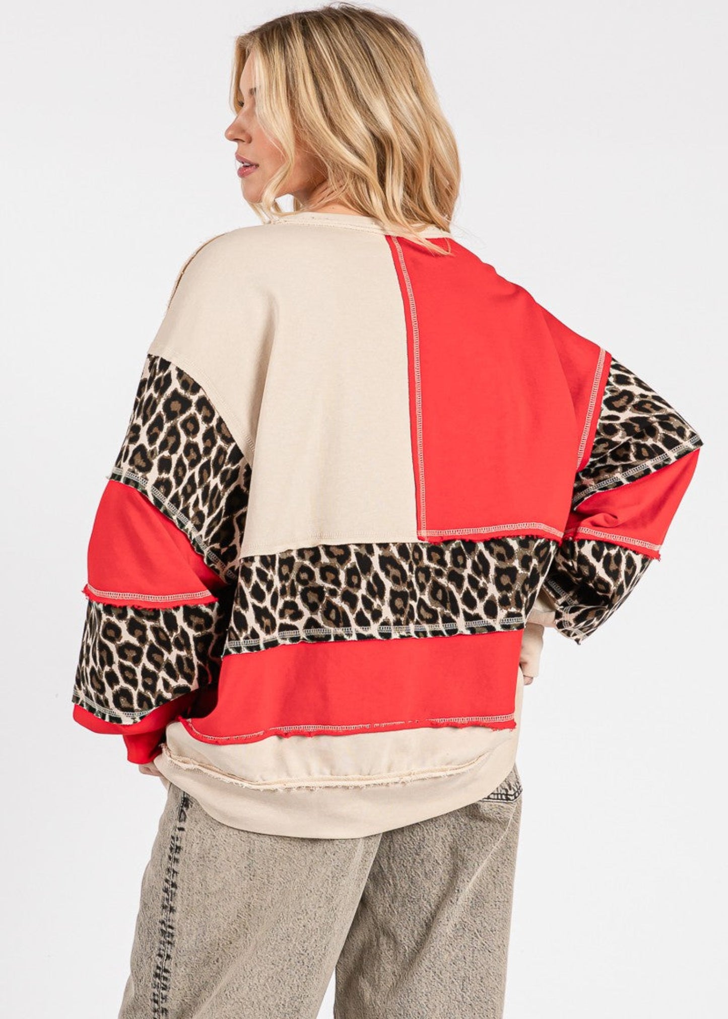 LEOPARD PATCHWORK OVERSIZED SWEATSHIRT - RED/OAT
