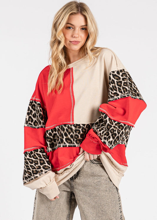 LEOPARD PATCHWORK OVERSIZED SWEATSHIRT - RED/OAT