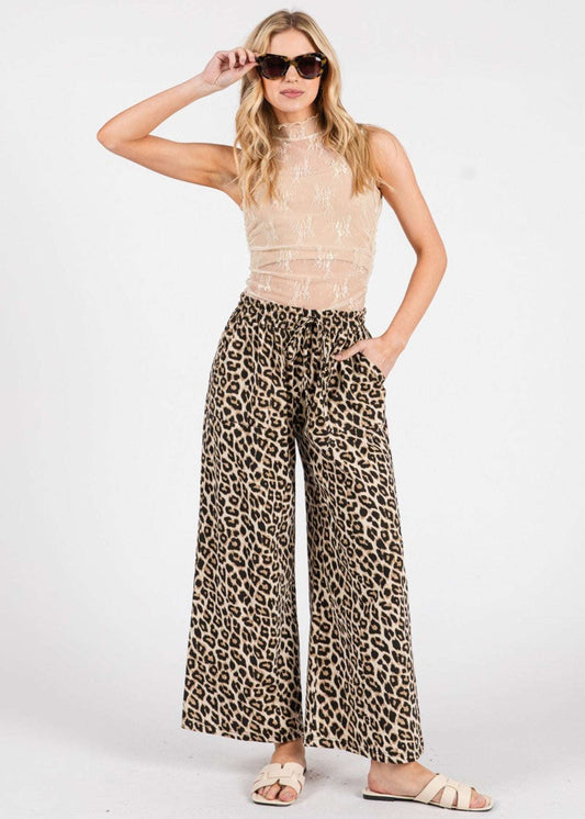Washed Leopard Print Wide Leg Pants