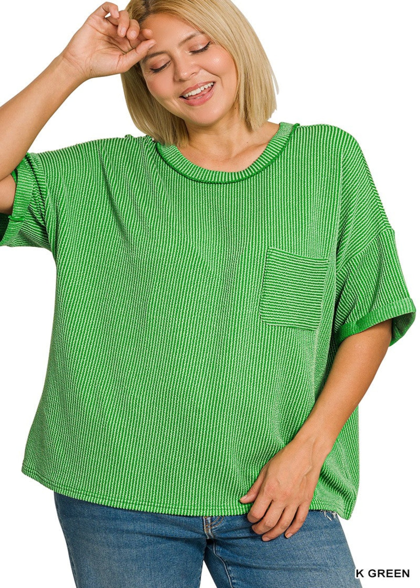 Plus Raised Rib Short Sleeve Front Pocket Top - Kelly Green