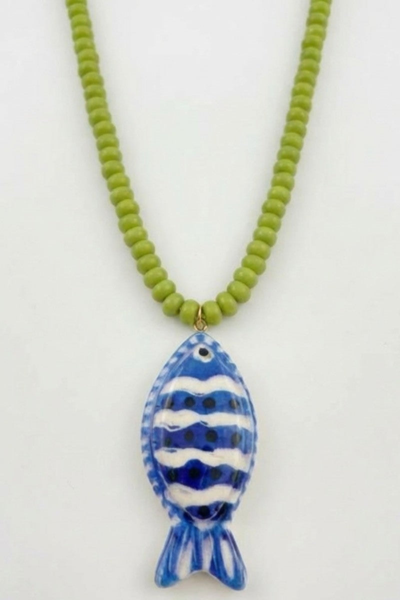 COLORFUL TROPICAL FISH BEADED NECKLACE - BLUE GREEN