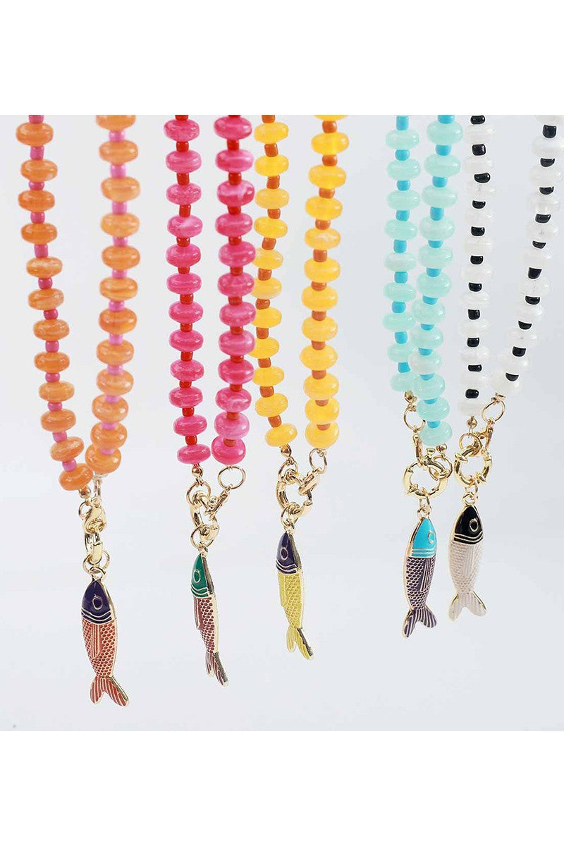 BOHO RESIN BEAD FISH PENDANT NECKLACE - BLUE