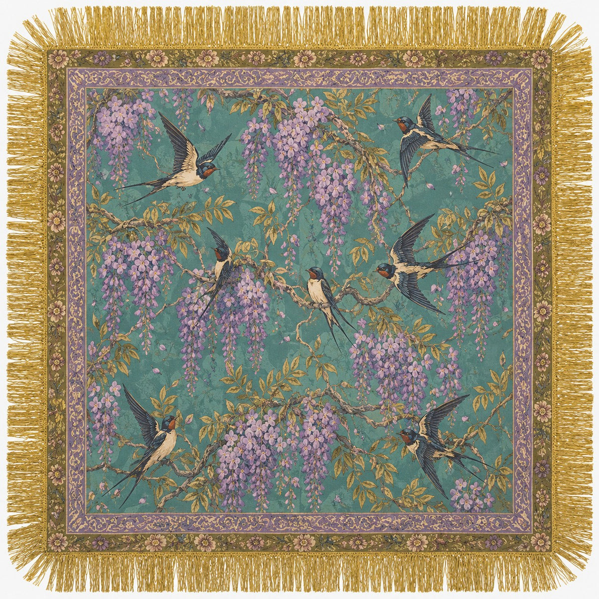 SATIN PRINT TASSEL FRINGE SCARF - PURPLE BIRDS
