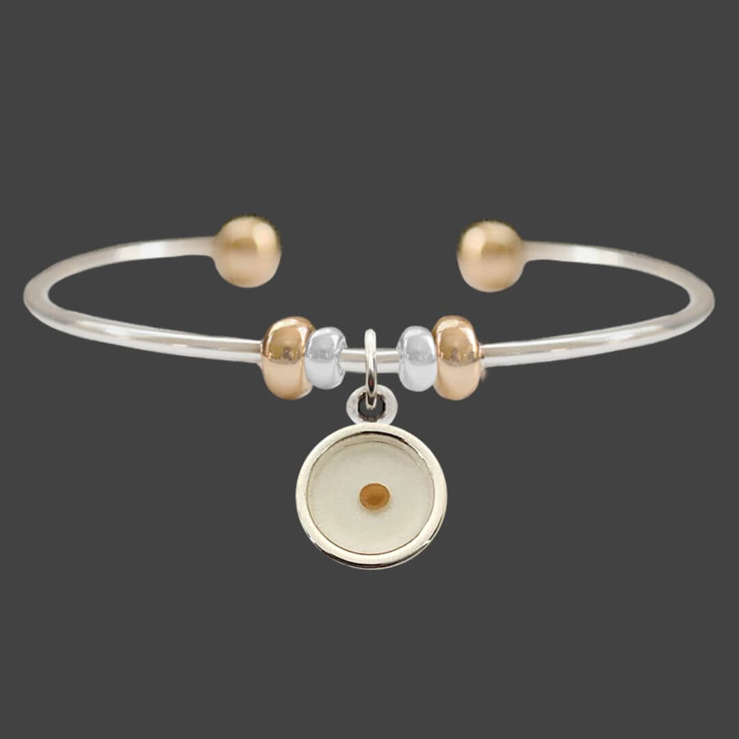 Round Shaped Mustard Seed Dangling Charm Two Tone Cuff Bracelet