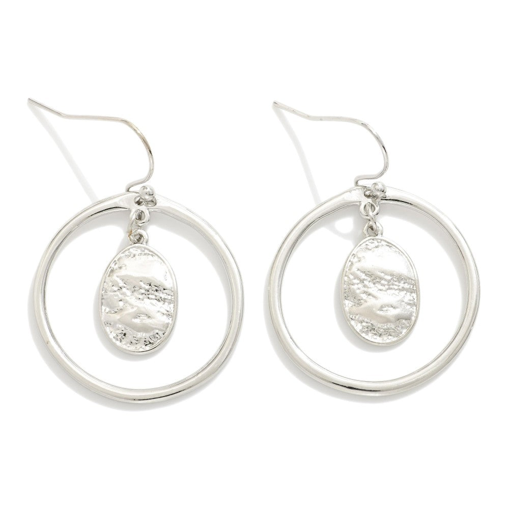 Metal Tone Hoop Drop Earrings Featuring Nesting Textured Metal Oval Detail SILVER