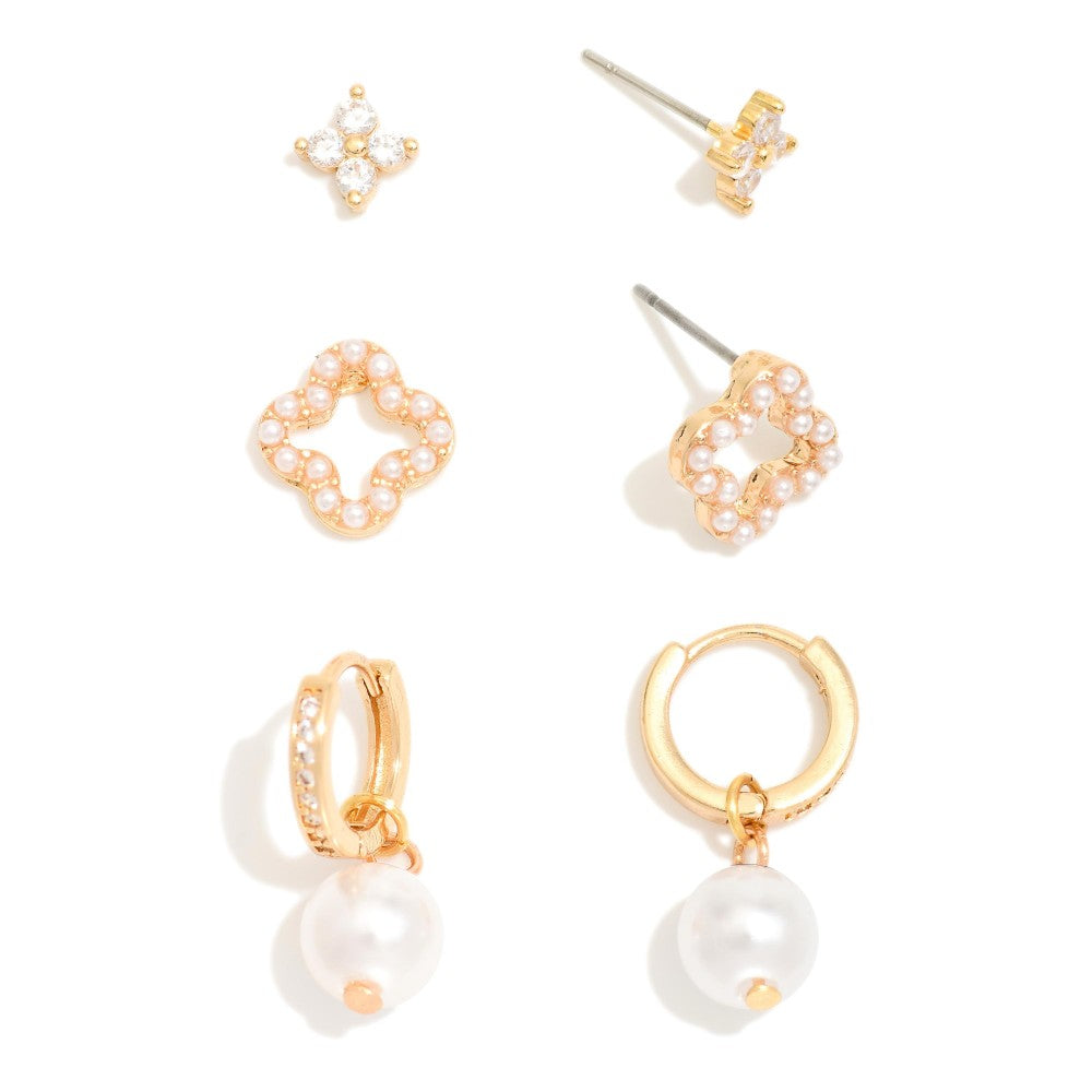 Set Of Three Stud & Huggie Hoop Earrings Featuring Pearls & Rhinestones