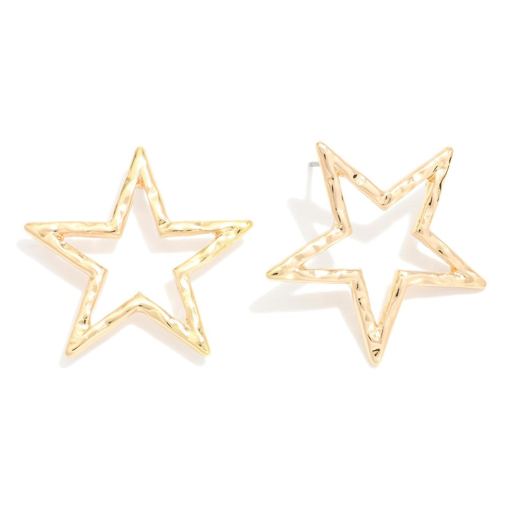 Hammered Metal Hollow Star Drop Earrings- GOLD